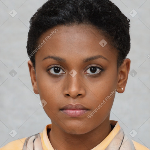 Neutral black young-adult female with short  brown hair and brown eyes