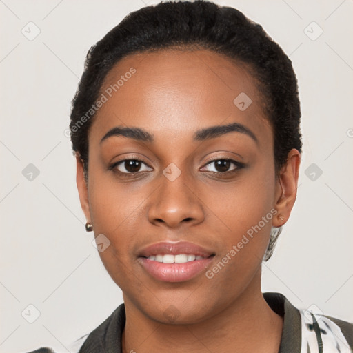 Joyful latino young-adult female with short  black hair and brown eyes