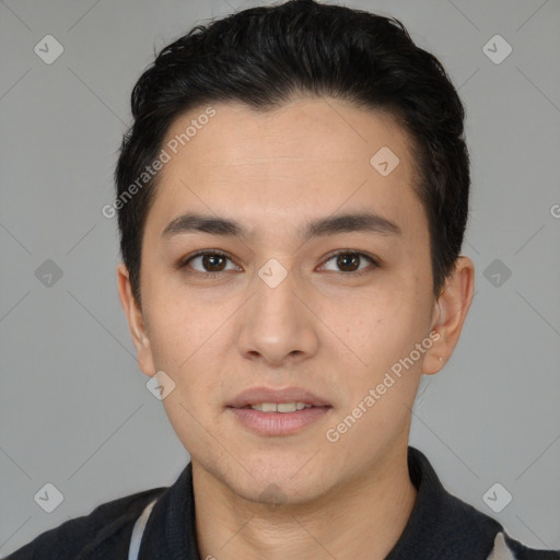 Joyful white young-adult male with short  black hair and brown eyes