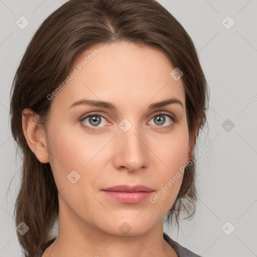 Neutral white young-adult female with medium  brown hair and grey eyes