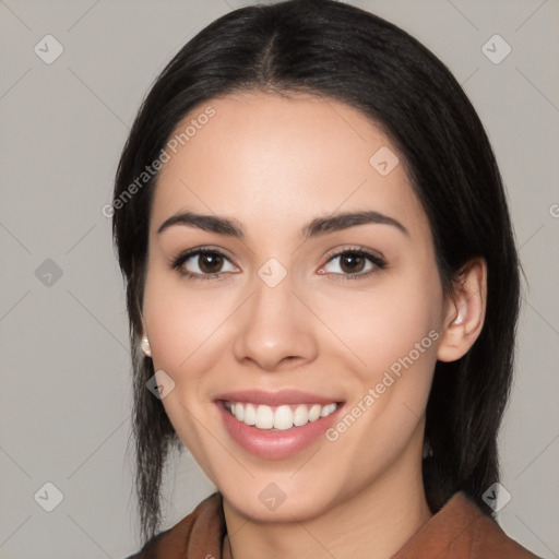 Joyful white young-adult female with medium  black hair and brown eyes