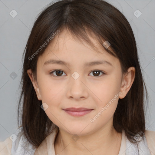 Joyful white child female with medium  brown hair and brown eyes