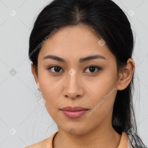 Neutral asian young-adult female with medium  brown hair and brown eyes