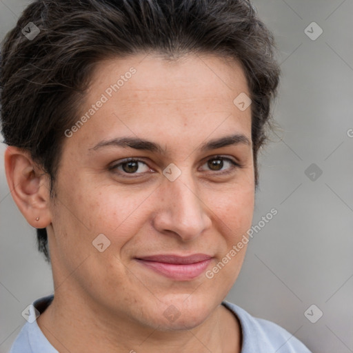 Joyful white adult female with short  brown hair and brown eyes