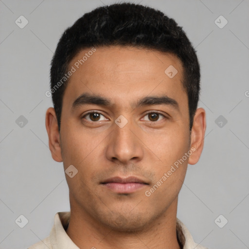 Neutral latino young-adult male with short  black hair and brown eyes