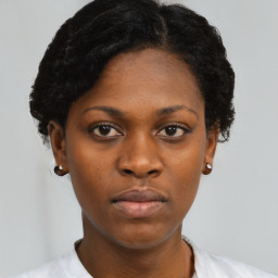 Neutral black young-adult female with short  black hair and brown eyes