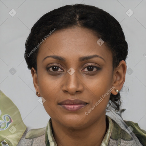 Joyful latino young-adult female with short  brown hair and brown eyes