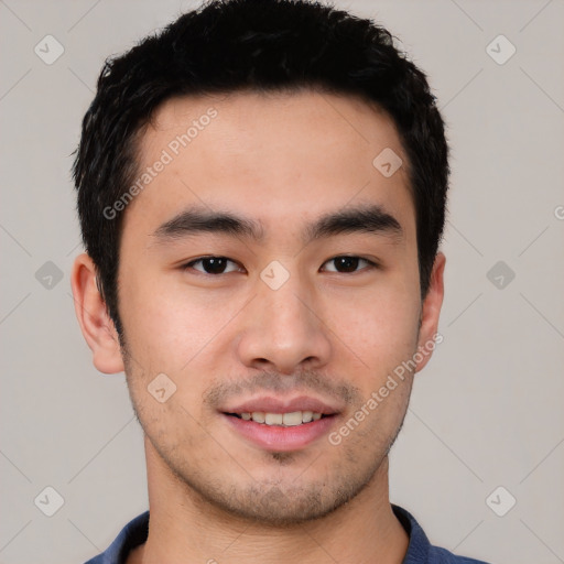 Joyful white young-adult male with short  black hair and brown eyes