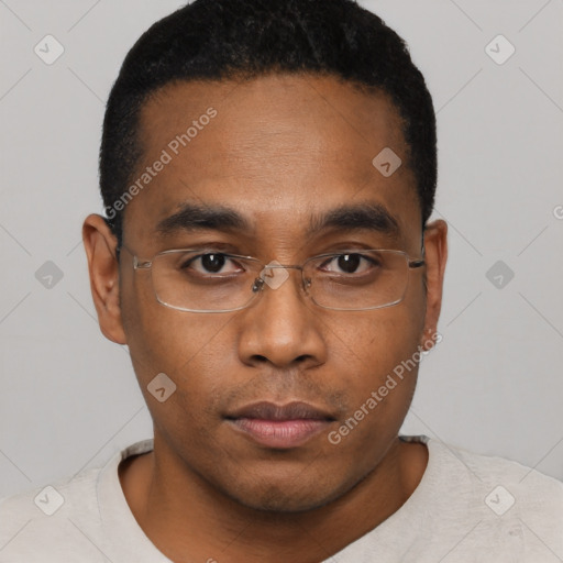 Neutral black young-adult male with short  black hair and brown eyes