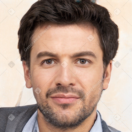 Neutral white adult male with short  black hair and brown eyes