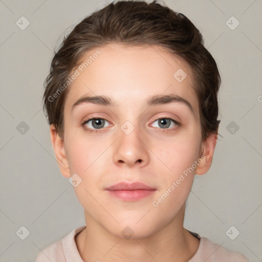 Neutral white young-adult female with short  brown hair and brown eyes