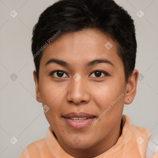 Joyful asian young-adult female with short  brown hair and brown eyes