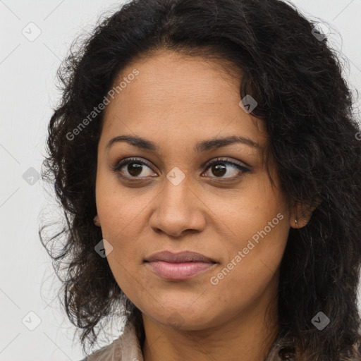 Joyful latino young-adult female with long  brown hair and brown eyes