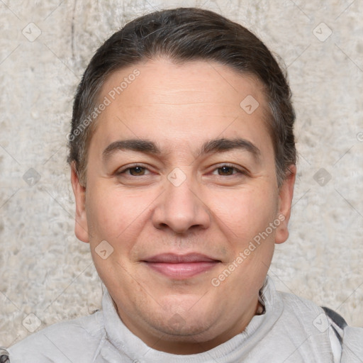 Joyful white adult male with short  brown hair and brown eyes