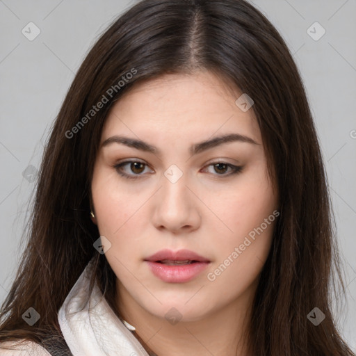 Neutral white young-adult female with medium  brown hair and brown eyes