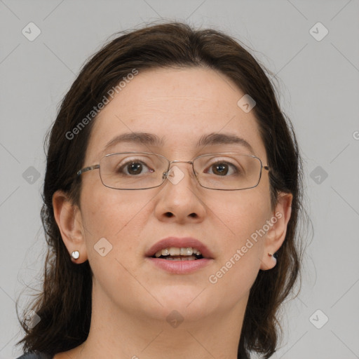 Joyful white young-adult female with medium  brown hair and grey eyes