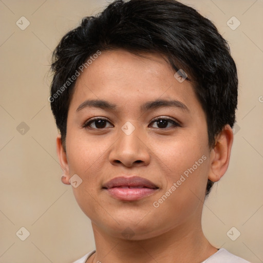 Joyful asian young-adult female with short  brown hair and brown eyes