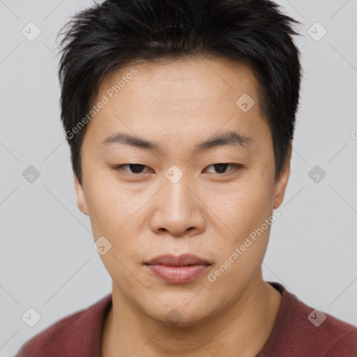 Neutral asian young-adult male with short  brown hair and brown eyes