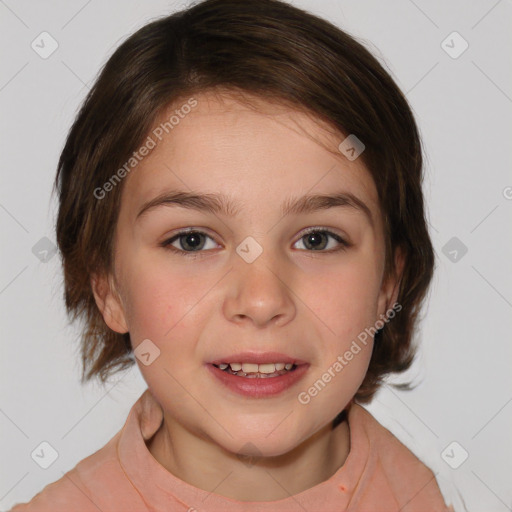 Joyful white child female with medium  brown hair and brown eyes