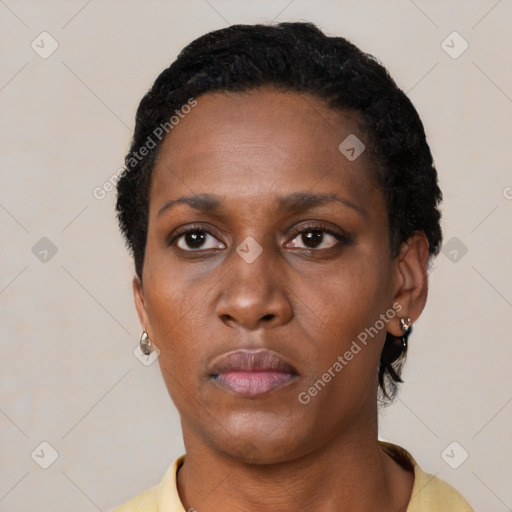 Neutral black adult female with short  black hair and brown eyes