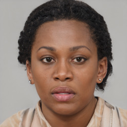 Neutral black young-adult female with short  brown hair and brown eyes