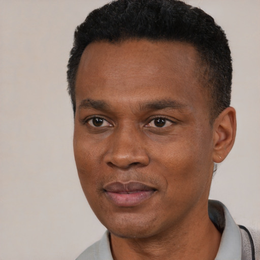 Joyful black young-adult male with short  black hair and brown eyes