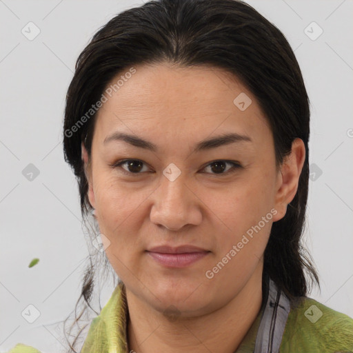 Joyful white young-adult female with medium  brown hair and brown eyes