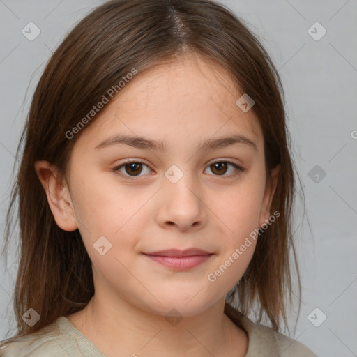 Joyful white child female with medium  brown hair and brown eyes