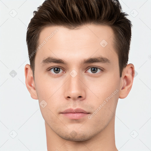 Neutral white young-adult male with short  brown hair and brown eyes