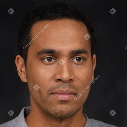 Neutral latino young-adult male with short  black hair and brown eyes