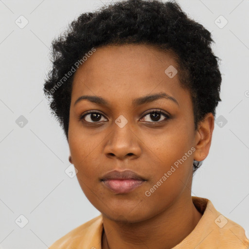 Neutral black young-adult female with short  black hair and brown eyes