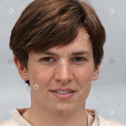 Joyful white adult female with short  brown hair and grey eyes