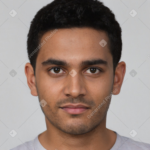 Neutral latino young-adult male with short  black hair and brown eyes