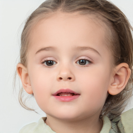 Joyful white child female with medium  brown hair and blue eyes