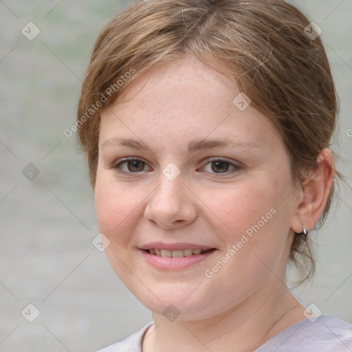 Joyful white young-adult female with medium  brown hair and grey eyes