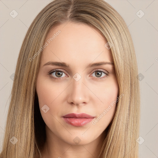 Neutral white young-adult female with long  brown hair and brown eyes