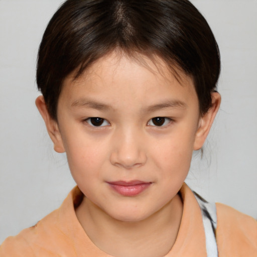 Joyful white child female with medium  brown hair and brown eyes