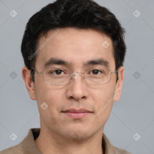 Joyful white adult male with short  brown hair and grey eyes