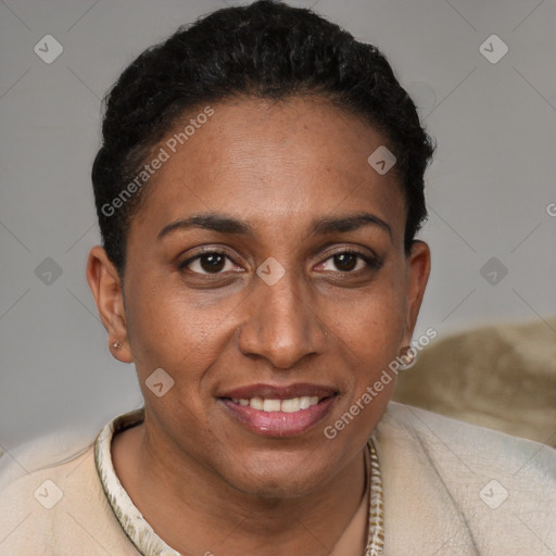 Joyful black adult female with short  brown hair and brown eyes