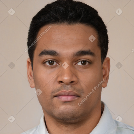Neutral latino young-adult male with short  black hair and brown eyes