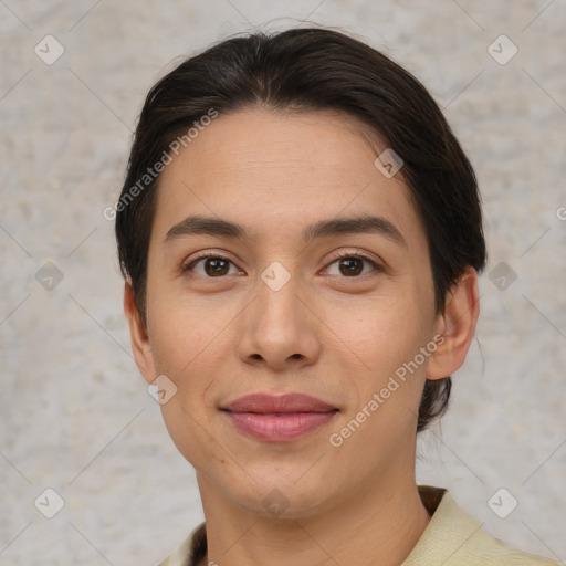 Joyful white young-adult female with short  brown hair and brown eyes