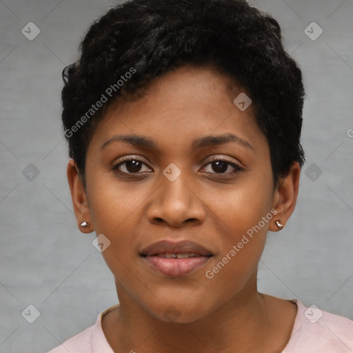 Joyful latino young-adult female with short  black hair and brown eyes