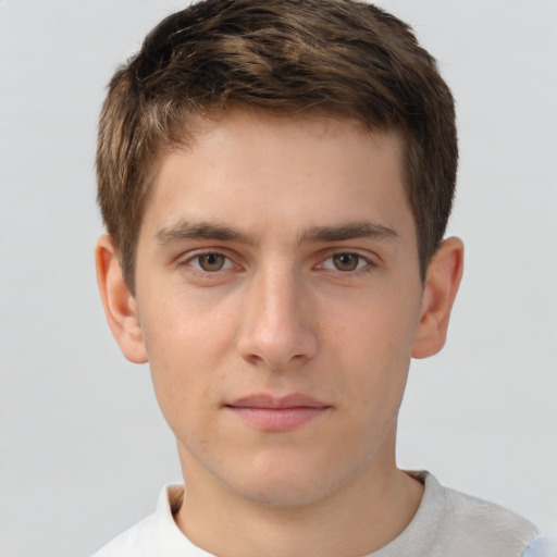 Neutral white young-adult male with short  brown hair and brown eyes