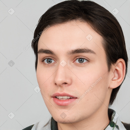 Neutral white young-adult male with short  brown hair and brown eyes