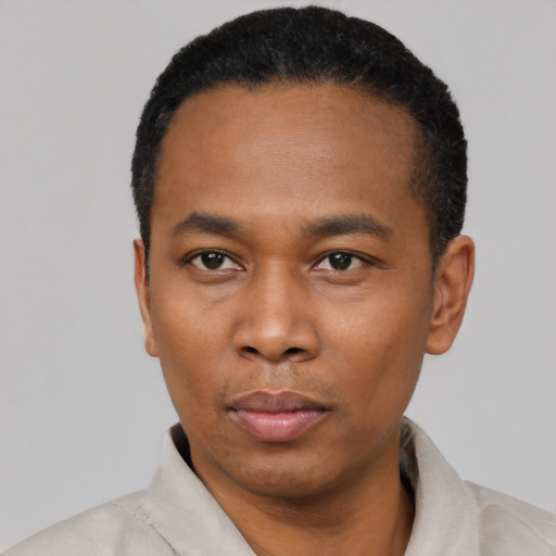 Neutral black young-adult male with short  black hair and brown eyes