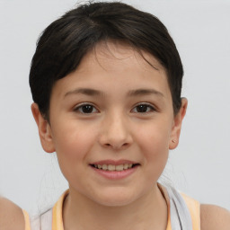 Joyful white child female with short  brown hair and brown eyes