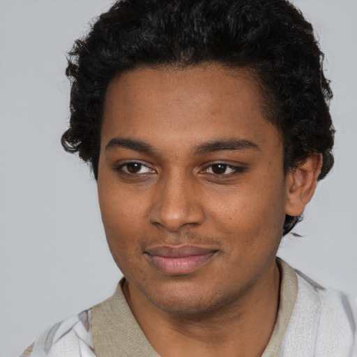 Neutral black young-adult female with short  black hair and brown eyes
