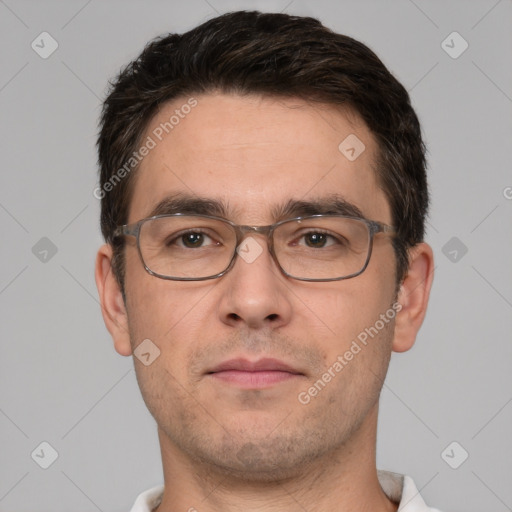 Neutral white adult male with short  brown hair and brown eyes