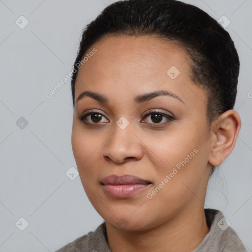 Joyful asian young-adult female with short  brown hair and brown eyes