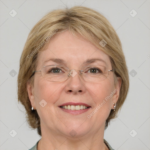 Joyful white adult female with medium  brown hair and blue eyes